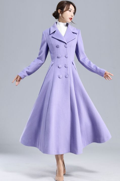 Purple Wool Coat, Long Wool Coat Women, Aesthetic Wear, Fit And Flare Coat, Princess Coat, Purple Coat, Big Sweaters, Fitted Coat, Wool Coat Women