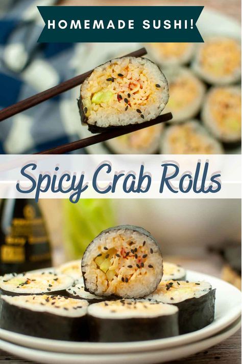 Discover the perfect recipe to add a zesty twist to your sushi nights with Spicy Crab Sushi Rolls. Explore a delightful combination of imitation crabmeat, crisp cucumber, and fiery spicy mayo, beautifully wrapped in nori and sushi rice. From easy preparation to endless customization, this sushi recipe is a must-try for any sushi enthusiast. Get this sushi recipe and more at Honeybunch Hunts website. Korean Sushi Recipes, Beef Sushi Recipes, Crab Sushi Recipes, Easy Crab Sushi Rolls, Sushi Rolls Homemade, Poke Burrito, Spicy Mayo Recipe Sushi, Rice Paper Sushi Rolls, Sushi Rolls With Crab Meat