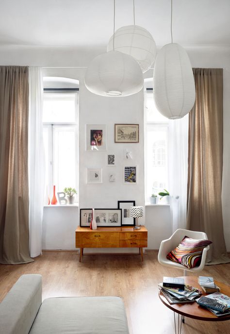 cheap ikea lamps and curtains can still work in modern vintage. Living Room Workspace, Flat Interior, Pendant Lighting Dining Room, Ceiling Light Design, Living Room Lighting, Home Decor Bedroom, Home Living Room, Home Deco, Room Inspiration