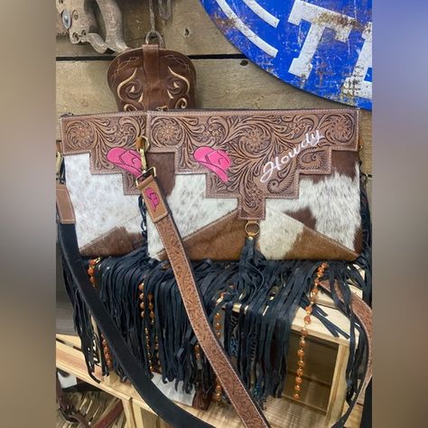 Howdy Hand Tooled Punchy Western Crossbody Western Bags Purses, Western Bags, Western Things, Leather Fringe Purse, Western Bag, Ace Card, Cowhide Purse, Western Purses, Western Accessories