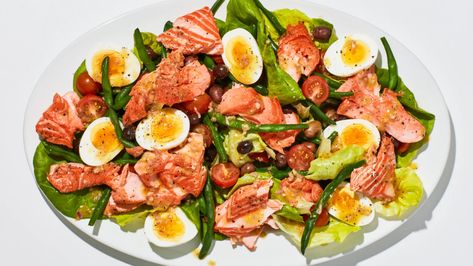 Summer Salmon Niçoise Recipe | Bon Appétit Salmon Nicoise, Salmon Nicoise Salad, Summer Salmon, Salad Nicoise, Roast Fish, Spiced Chickpeas, Nicoise Salad, Salmon Seasoning, Fennel Salad