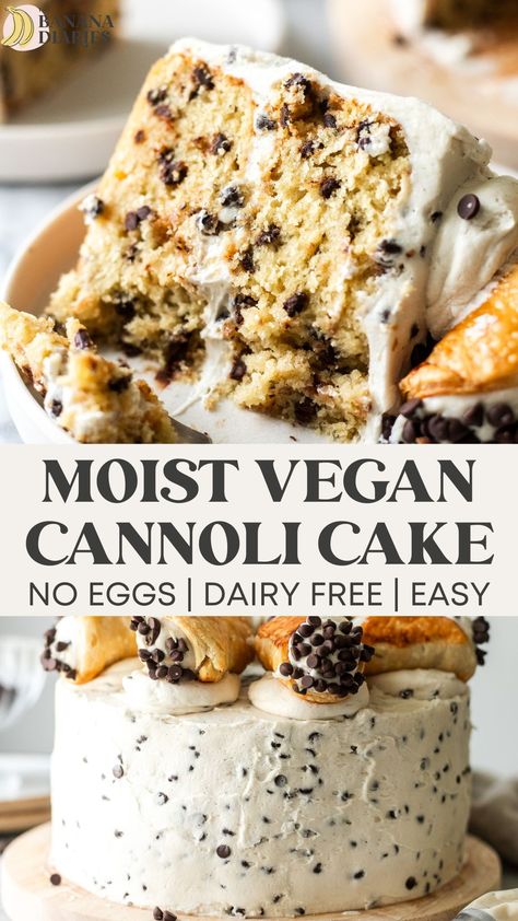 This soft and beautifully tender vegan cannoli cake is absolutely sublime with every bite. Loaded with layers of dairy free cannoli filling, moist vanilla cannoli cake, and real cannoli, you won't believe this cake is made entirely without eggs nor dairy! Gluten Free Dairy Free Cannoli, Gluten Vegan Dessert, Vegan Cloud Cake, Light Vegan Desserts, Gluten Dairy Nut Free Desserts, Vegan And Dairy Free Desserts, Italian Desserts Vegan, Diary Free Christmas Desserts, Dairy Free Cannoli Filling