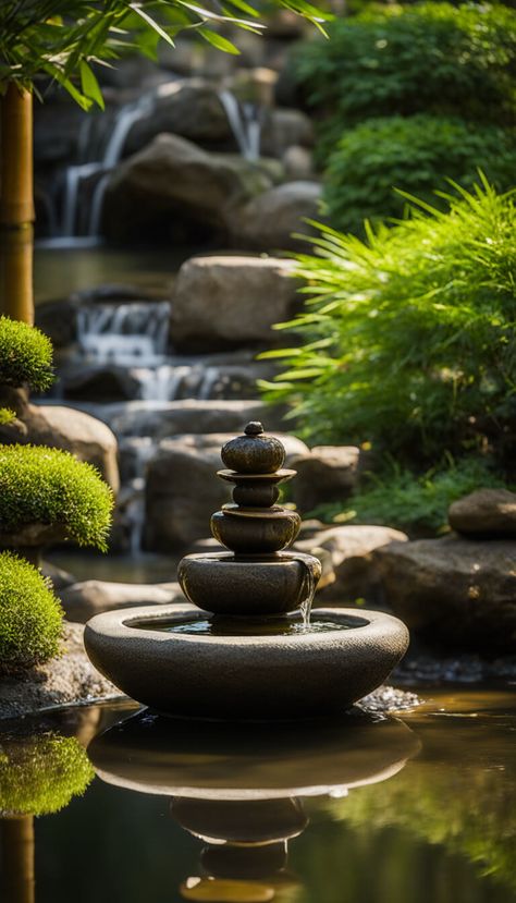 zen garden - traditional Japanese water fountain - AI creation Japanese Water Fountain, Zen Waterfall, Fountain Aesthetic, Zen Background, Japanese Waterfall, Japanese Fountain, Zen Water Fountain, Inner Peace Art, Zen Aesthetic