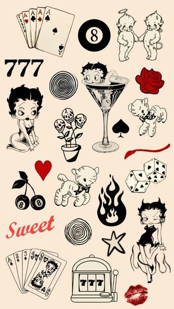 Fun Girly Tattoos, Betty Boop Patchwork Tattoo, Flash Sheet Tattoo Traditional, 50s Tattoo Ideas, Classic Pinup Tattoo, Retro Tattoo Ideas Vintage, 2000s Emo Tattoos, Cherry Tattoo Vintage, Betty Boop Tattoo Stencil