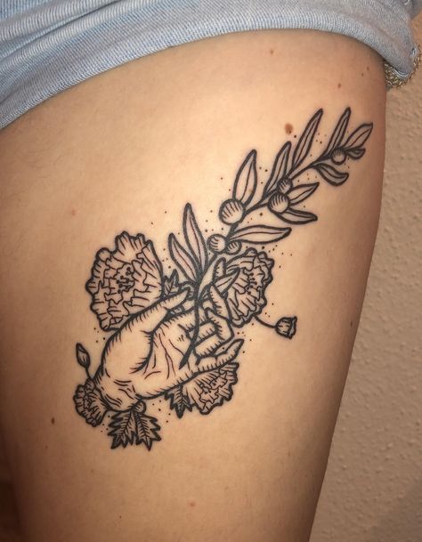 Hand Olive Branch by Christopher Malice at Workhorse Tattoo Company in Houston Texas Large Olive Branch Tattoo, Olive Branch Tattoo Hand, Olive Branch Tattoo Thigh, Traditional Olive Branch Tattoo, Houston Texas Tattoos, Fatima Tattoo, Narcissus Flowers, Olive Branch Tattoo, Toe Tattoos