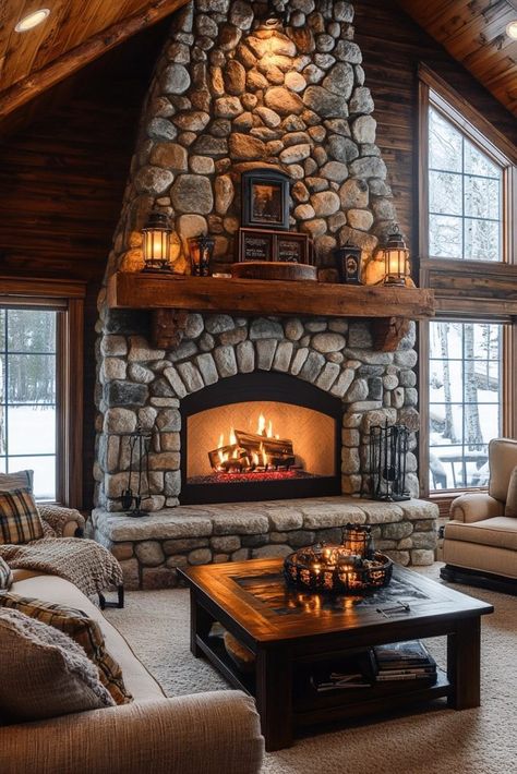 29 Rustic Living Room Ideas for a Cozy and Country-Inspired Look 8 Fireplace Ideas Farmhouse Rustic, Farmhouse Wood Fireplace Ideas, Wood Fireplace Storage, Cabin Rock Fireplace, Mountain Stone Fireplace, Stone Wood Fireplace, Rustic Stone Fireplace Ideas, Rustic Gas Fireplace Ideas, Barndominium Fireplace Ideas