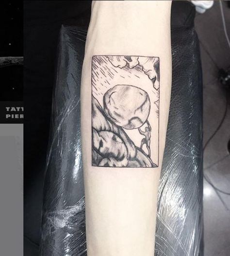 Sisyphus Tattoo Design, Myth Of Sisyphus Tattoo, Sisyphus Tattoo, Bowl Tattoo, Ryan Tattoo, Tattoo Alien, Patchwork Sleeve, Fire Tattoo, Animal Skull