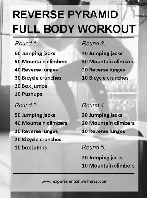 Reverse Pyramid, Full Body Workout Plan, Bicycle Crunches, Reverse Lunges, Body Workout Plan, Jumping Jacks, Cardio Workout, Full Body Workout, Pyramid