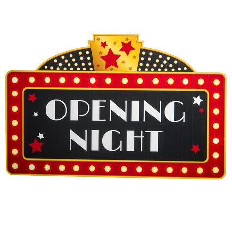 Place this Hollywood Marquee Sign Standee at the entrance to your big celebration as a way of welcoming your party guests. This red, black and gold Hollywood Prop features the words OPENING NIGHT in the center with stars and faux spotlights. Made of cardboard/printed on one side Measures 2' 3" high x 3' 6" wide Easy assembly All Nighter Ideas, Movie Theater Party, Marilyn Monroe White Dress, Cna Week, Back To The Future Party, Red Carpet Gala, Film Party, Adult Game Night, Broadway Posters