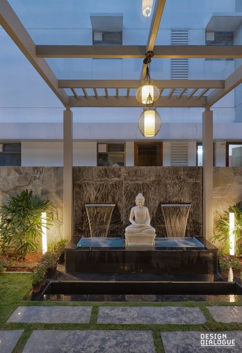 The Tranquil House : Creating Functional Spaces Having Minimalist Approach | Design Dialogue Studio - The Architects Diary Buddha In Entrance, Buddha Statue Home Entrance Outdoor, Indian Landscape Design, Home Fountains Outdoor, Buddha Statue Home Interior Design, Buddha Waterfall, Tranquil House, Buddha Fountain, Buddha Statue Home