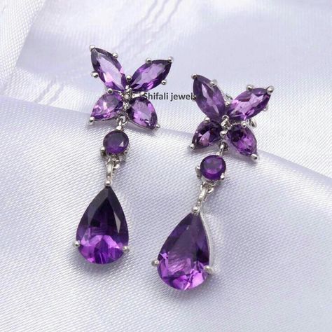 Amethyst Accessories, Amethyst Earring, Natural Pearl Ring, Hanging Earring, Purple Accessories, Long Earring, Purple Diamond, Christmas Handmade, Purple Jewelry