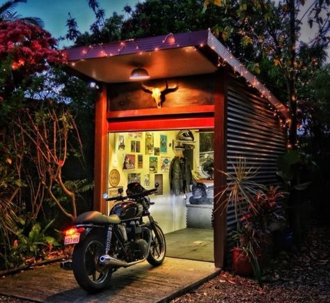 Motorcycle Shed Ideas, Motorcycle Garage Ideas, Motorbike Garage, Motorbike Shed, Motorbike Storage, Hd Fatboy, Motorcycle Storage Shed, Small Shed, Motorcycle Storage