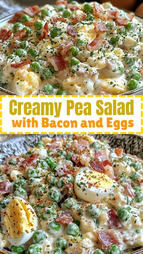 Creamy Pea Salad with Bacon and Eggs Loaded Pea Salad, Bacon And Pea Salad, Creamy Pea Salad With Bacon, Low Carb Pea Salad, Pea Salad With Pasta, Potato Salad With Peas, Fresh Pea Salad Recipes, Ham And Pea Salad, Layered Pea Salad With Bacon