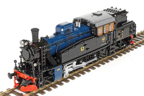 LEGO® SJ Litt. S1 - front left_02 | More about the model and… | Flickr Railway Aesthetic, Lego Train Tracks Layout, Lego Train Set, Indian Railway Train, Lego Mandalorian, Lego Train Tracks, Lego Steam Locomotive, Steam Engine Model, Lego Train