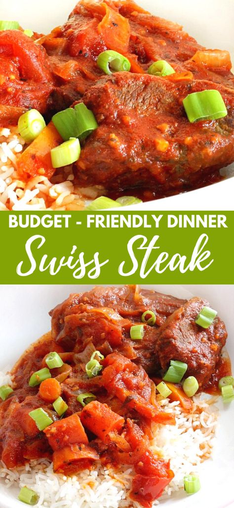 Swiss Steak…baked in the oven with tomato sauce and vegetables until tender and delicious! Grilled Dinner Recipes, Swiss Steak Recipes, Baked Steak, Pork Recipes For Dinner, Best Beef Recipes, Swiss Steak, Riced Veggies, Italian Dinner Recipes, Carrots Celery