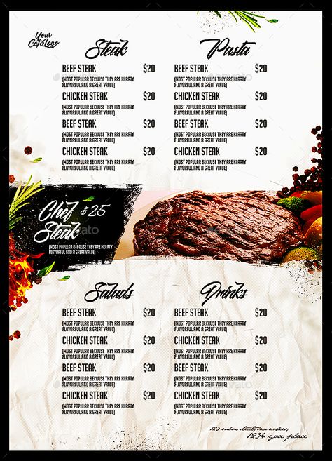 King Of Steaks Menu Steak Menu Design, P King, Steak Menu, Restaurant Template, Cafe Menu Design, Steak Pasta, Digital Menu Boards, Food Box Packaging, Menu Layout