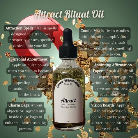 Draw in your heart’s desires with the magnetic pull of our Attract Ritual Oil 💖✨. Whether it’s love, prosperity, or joy, anoint your pulse points and watch the universe conspire in your favor. Shop: GlamourWitchBoutique.com #GlamourWitchBoutique #WitchyThings #Witchy #Occult #Crystals #Spirituality #Spells #Paganism #WitchLife #Spiritual #WitchShop #Divination #Witchery #WitchAesthetic #MetaphysicalShop Attraction Oil Recipe, Spell Oil Recipe, Oil Magic Witchcraft, Attraction Oil Recipe Witchcraft, Magic Oils Witch, Success Oil Recipe Witchcraft, Anointing Oil Recipe Wicca, Candle Board, Magick Oil