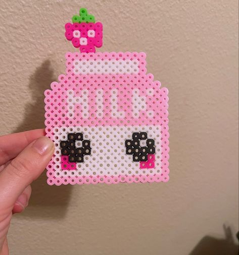 #perler #strawberrymilk #pink #kawaii #milk #strawberry Strawberry Milk Perler Beads, Pink Perler Bead Patterns, Kawaii Perler Beads, Cute Perler Beads Designs, Perleplader Ideas, Hama Beads Kawaii, Strawberry Milk Kawaii, Kawaii Perler, Pearled Bead