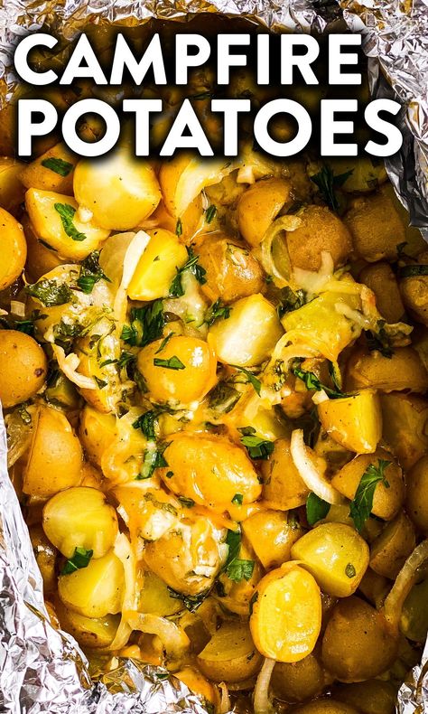 Camping Potatoes Foil, Campfire Potatoes Foil, Camping Potatoes Make Ahead, Campfire Side Dishes, Camping Sides Dishes, Camping Potatoes, Potatoes Camping, Camping Side Dishes, Grill Packets