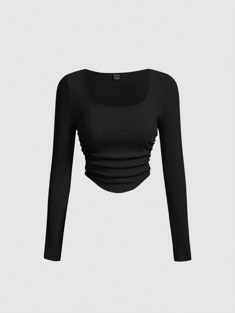 Black Top Spring Date Night Tops Square Neck Ruched Curved Hem Tee Black Casual  Long Sleeve Knitted Fabric Plain  Slight Stretch  Women Clothing, size features are:Bust: ,Length: ,Sleeve Length: Black Tube Tops, Cropped White Tee, Night Tops, Black Long Sleeve Shirt, Date Nights, Crop Top Outfits, Cute Everyday Outfits, Women T Shirts, Spring Tops