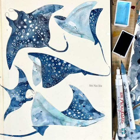 Arte Do Ukulele, Sketch Book Art, 수채화 그림, Manta Ray, Arte Sketchbook, Sketchbook Inspiration, Watercolor Inspiration, Fish Art, Sealife