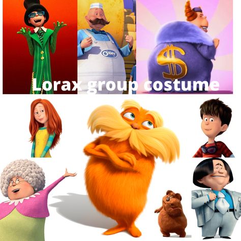 Lorax Halloween Costumes Family, O Hare Lorax Costume, Lorax Character Costumes, The Lorax Costume Group, Friend Group Costumes Halloween, Lorax Halloween Costumes Group, Gen Z Halloween Costumes, Oncler Costume Women, Lorax Group Costume