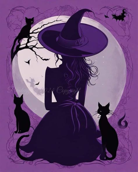 Dark Purple Halloween Aesthetic, Purple Fall Aesthetic, Purple Halloween Aesthetic, Purple Witch Aesthetic, Black And Purple Halloween, Witch Artwork, Fall Illustrations, Beach Sunset Painting, Purple Witch