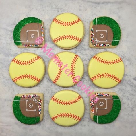 Softball themed sugar cookies with royal icing. @Momster_Cookies on Instagram. Softball Cookies Royal Icing, Softball Birthday Cookies, Softball Cookies Decorated, Softball Sugar Cookies, Softball Cookies, Sport Cookies, Softball Birthday, Sports Cookies, Baseball Cookies