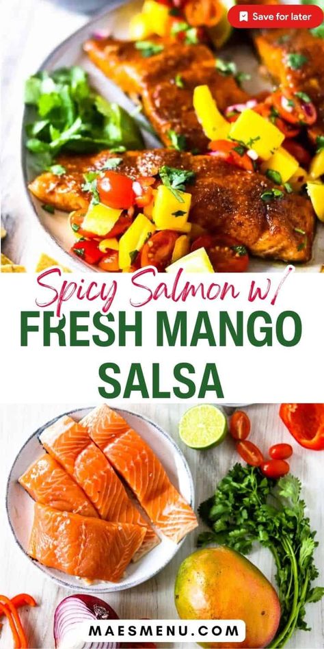 Feature sweet and juicy mangos in this spicy baked salmon recipe. With a zesty spice rub, and sweet and crunchy salsa, this is one of our best summer special recipes for a reason! Make it for dinner this week or anytime you are looking for mango recipes to use up your extra fruit! #mangorecipes #summerdinner #salmon Grilled Salmon With Mango Salsa, Salmon With Mango Salsa, Mango Salmon, Mango Salsa Salmon, Fresh Mango Salsa, Baked Salmon Recipe, Mango Slaw, Salmon Marinade, Salmon Spices