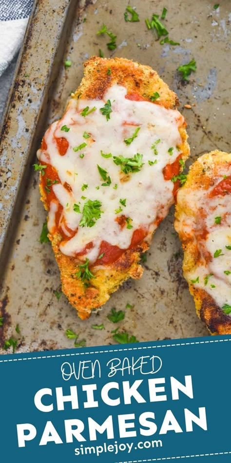 This Baked Chicken Parmesan comes together easily and is a great comforting dinner. Chicken Parm Oven Baked, Oven Baked Chicken Parm, Baked Chicken Cutlet Recipes, Chicken Parm Bake, Easy Chicken Parm, Baked Chicken Parmesan Recipe, Baked Chicken Parm, Chicken Parm Recipes, Chicken Parmesan Recipe Easy