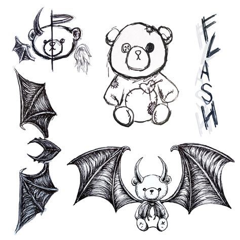 Demon teddy bear Angel teddy bear good and evil horns and halo voodoo doll teddy bear tramp stamp satanic teddy bear flash tattoo black and white ink Torn Teddy Bear Tattoo, Evil Teddy Bear Tattoo, Flash Tattoo Sheet, Teddy Drawing, Scary Teddy Bear, Evil Teddy Bear, Teddy Bear Tattoo, Bear Stencil, Teddy Bear Drawing