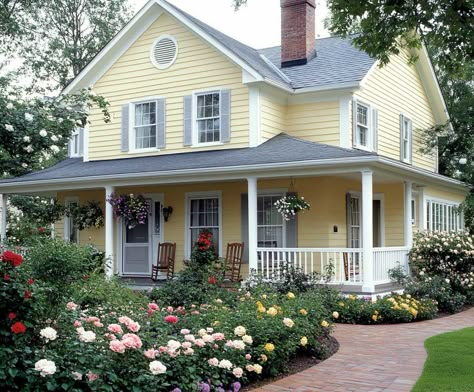 Exterior House Colors For Craftsman Home, Pale Yellow Farmhouse Exterior, Yellow House With Porch, Yellow Country House, Yellow House Green Shutters, Pastel Yellow House Exterior, Little Yellow House, Cute Yellow House, Gray House Siding