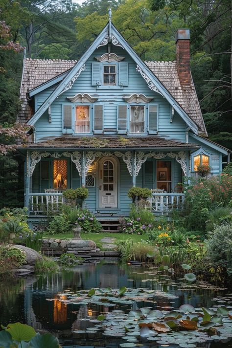 Wooden Cottage, Cottage Aesthetic, Blue Cottage, House Exterior, House Plans, Cottage, Exterior, Architecture, Blue