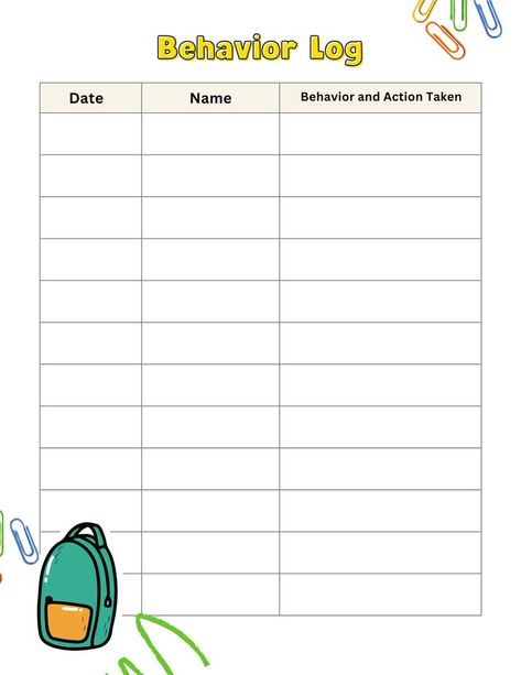 "Behavior Log Template" Part of Teacher Planner Bundle PDF Printable Teacher Planner, Behavior Log, Behavior Tracking, Behavior Chart, Data Tracking, Positive Learning, Being A Teacher, Student Behavior, Teacher Printable