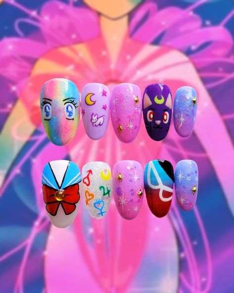 Sailor Mercury Nails, Sailor Moon Themed Nails, Sailor Moon Nails Acrylic, Sailor Moon Nails Design, Sailor Moon Inspired Nails, Uñas Sailor Moon, Sailor Moon Nail Art, Usagi Luna, Moon Nail Art