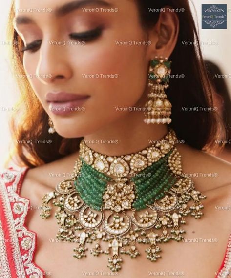 VeroniQ Trends(+91-9549901009) is a Leading manufacturer of Kundan,Polki Jewelry& Garments in India. We make any jewelry on order. Almost all designs on our page can be made anytime on order To order click on the link www.veroniqtrends.com or message. For international buyers or drop a message (What’s App) (+91-9549901009)(India)or Drop a Mail at info@veroniqtrends.com #makeuptransformation #deepikapadukonbridalwear #makeup #makeovergeek #makeuplooks #makeuptutorial #makeuplover #bridesma... Kundan Tussi Necklace, Canada Party, Punjabi Jewelry, Makeup Images, Earrings Design, Polki Jewellery, India Jewelry, Green Beads, Kundan Necklaces