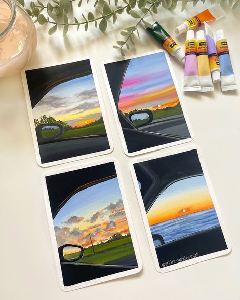 Sunset Paintings 🌅💟🌄♥️🩷🎀✨ . Watching sunsets through the car window while on a long drive be my favourite thing ♥️ It evokes the feeling of freedom and nostalgia, creating moms of serenity. A reminder that simple yet profound experiences come our way 💟 . @anupam Watercolor Sheets size A6 300 gsm @miyaarts Gouache Tubes from @thoovi.arts @miyahimi.in . #sunsetpainting #eveningsky #gouache #gouachepainting #gouacheart #gouacheartwork #sunsetphotography #sunsetlovers #instart #sunsetsky #explor... Car Watercolor, Sunset Paintings, Gouache Art, Long Drive, Evening Sky, Sunset Painting, Sunset Sky, Gouache Painting, Car Window