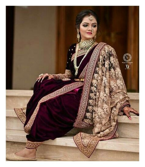 Velvet Saree Look For Wedding, Velvet Nauvari Saree Brides, Velvet Navari Saree Marathi Bride, Velvet Nauvari Saree, Maharashtrian Saree Look, Punjabi Kurti, Indian Academia, Brown Saree, Velvet Saree