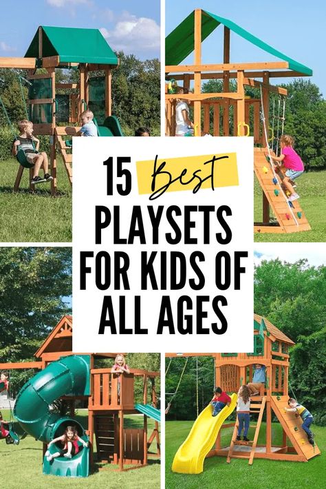 15 Best Backyard Playsets & Swing Sets for Kids of All Ages Diy Playset Outdoor, Kids Playground Backyard, Playsets For Kids, Playset Landscaping, Kids Playset Outdoor, Outdoor Playsets, Swing Set Plans, Swing Set Diy, Backyard Playset