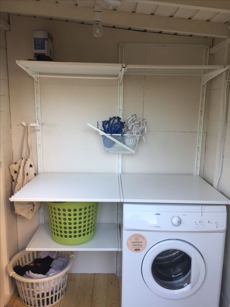 Laundry Room Shed Camper Laundry Room, Shed Utility Room Small Laundry, Laundry Shed Ideas, Laundry Room Shed Outdoor, Shed Utility Room, Outside Utility Room Shed, Shed Laundry Room Ideas, Laundry Shed Outdoor, Washer And Dryer Outside Shed