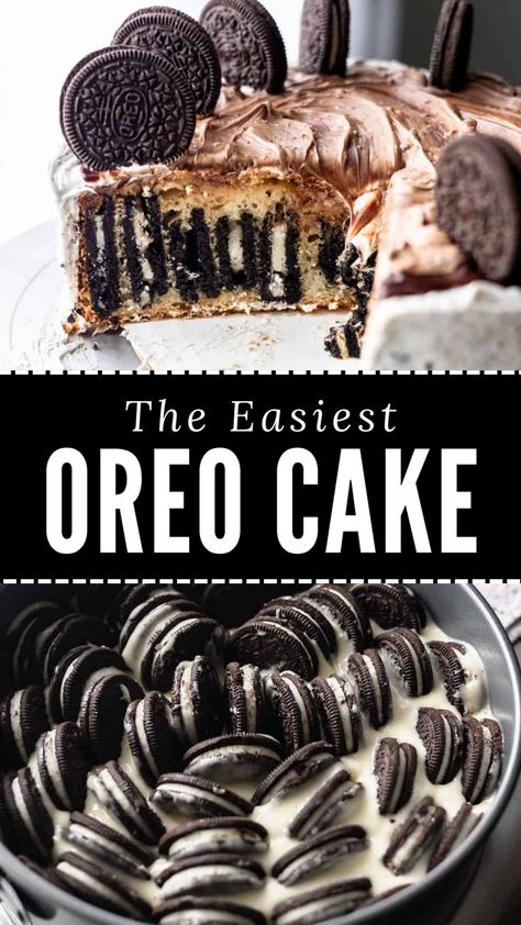 This is the easiest oreo cake recipe you'll ever make! This cake has an oreo filling and oreos on top, making it the ultimate oreo birthday cake for oreo or cookies and cream cake lovers! This surprisingly easy oreo cake recipe uses boxed vanilla cake mix. The cake batter is stuffed with Oreos prior to baking and baked in a springform pan for easy release. The vanilla cake combined with double stuffed Oreos gives a very cookies and cream cake vibe. Alternatives For Birthday Cake, Cake With Oreos On Top, Chocolate And Oreo Cake, Oreos Birthday Cake, Oreo Cake With Box Cake, Cookies And Cream Cake From Box Cake Mixes, Oreo Birthday Cake Recipe, Cookies And Cream Cake With Box Cake, Cookies And Cream Birthday Cake