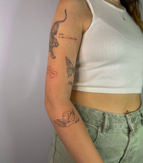 Simple Women Arm Tattoos, Artsy Arm Tattoos, Tattoo Ideas Sticker Style, Tatted Arm Woman, Best Arm Tattoos For Women, One Arm Tattoo Woman, Patchwork Arm Tattoo Minimalist, Harry Styles Patchwork Tattoo, Mini Tattoo Sleeve Women