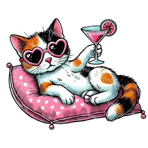 Transform your creative projects with this charming calico cat clipart! This digital illustration features an adorable calico cat lounging on a pink pillow, wearing heart-shaped sunglasses and holding a martini. Perfect for a variety of uses, including invitations, scrapbooking, greeting cards, and sublimation designs. Perfect graphic for wall décor pintables, birthday parties decorations and cards, invitations, crafts, scrapbooking, product creations, T-shirts, mugs, apparel, books, stationary, Cat Illustrations Cute, T Shirt Design Ideas Creative, Books Stationary, Cat Lounge, Cat Illustrations, Pink Pillow, Cat Clipart, Invitations Diy, Heart Sunglasses