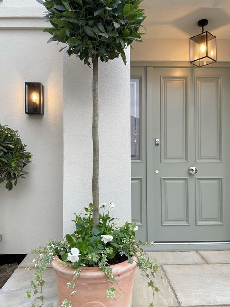 Sandacre — Claire Totman Designs Front Door Country House, Small House Front Door, Front Doors White House, Sage Front Door Colors, Sage Front Door, Painted House Exterior, Cream Brick House Exterior, Sage Green Front Door, Front Door Planter Ideas