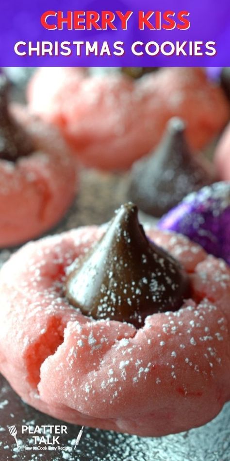 Cherry Kiss Cookies, Chocolate Kiss Cookies, Hershey Kiss Cookies, Christmas Cookie Recipes Holiday, Cookie Board, Cherry Kiss, Cute Christmas Cookies, Recipes Holiday, Cherry Cookies