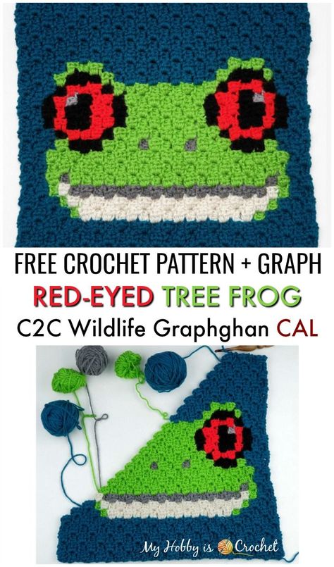 The Red-eyed Tree Frog it’s a fun free c2c critter pattern on My Hobby is Crochet blog! This free crochet pattern includes written row by row instructions for color counts follow with color pixel graph. .... ... #crochet #freecrochetpatterns #c2ccrochet #pixelcrochet #myhobbyiscrochet #yarnspirations Free C2c Crochet Pattern Easy, Frog Crochet Blanket Pattern, C2c Squares, Micro Embroidery, C2c Patterns, Corner Crochet, Crochet Graphs, Red Eyed Tree Frog, Corner To Corner Crochet