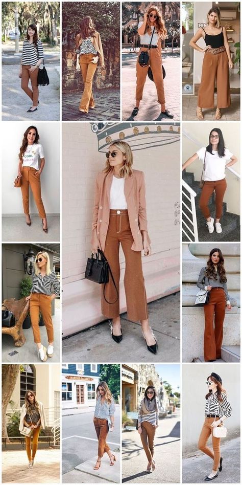 Brown Color Pants Outfit, Caramel Jeans Outfit, Caramel Pants Outfit For Work, Brick Color Pants Outfits, Burnt Orange Pants Outfit Work, Brown Palazzo Pants Outfit, Outfits Pantalon Marron, Pantalon Camel Outfits Mujer, Camel Colored Pants Outfit