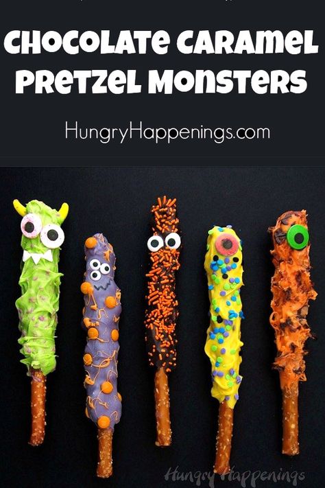 Have fun creating kooky chocolate caramel pretzel monsters. These Halloween desserts are easy enough for kids to decorate and the will look so fun on your Halloween dessert table. #halloween #pretzels #chocolate Monster First Birthday, Monster Baby Showers, Little Monster Birthday, Monster 1st Birthdays, Cookie Monster Party, Halloween Baby Shower Theme, Halloween Food Treats, Monster Birthday Parties, Baby First Halloween