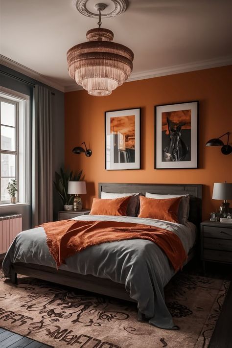 Orange Grey Bedroom, Grey And Orange Bedroom, Orange And Grey Bedroom, Orange Bedroom Walls, High Ceiling Bedroom, Bedroom Ideas Orange, Orange Accent Walls, Bedroom Designs For Couples, Fall Bedroom Ideas