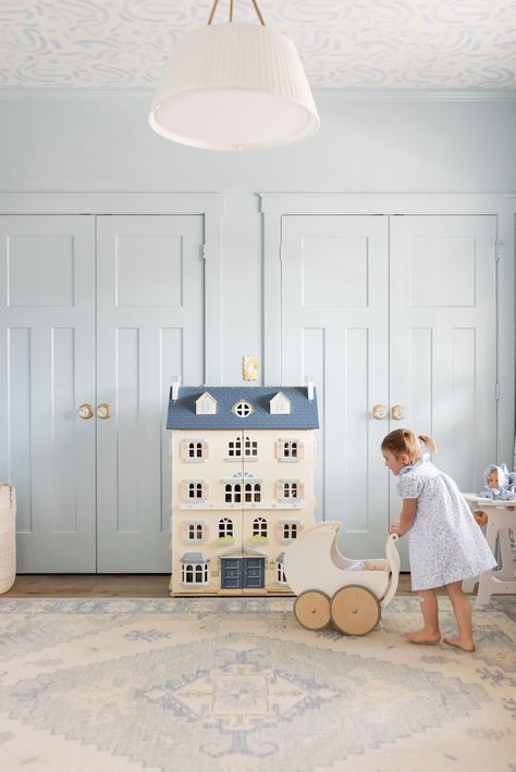 New Playroom Gets a Makeover! Mallory Ervin Playroom, Color Drenched Playroom, Blue Playroom Ideas, Castle Playroom, Painted Playroom, Magical Playroom, Chic Playroom, Cottage Playroom, Colorful Playroom Ideas